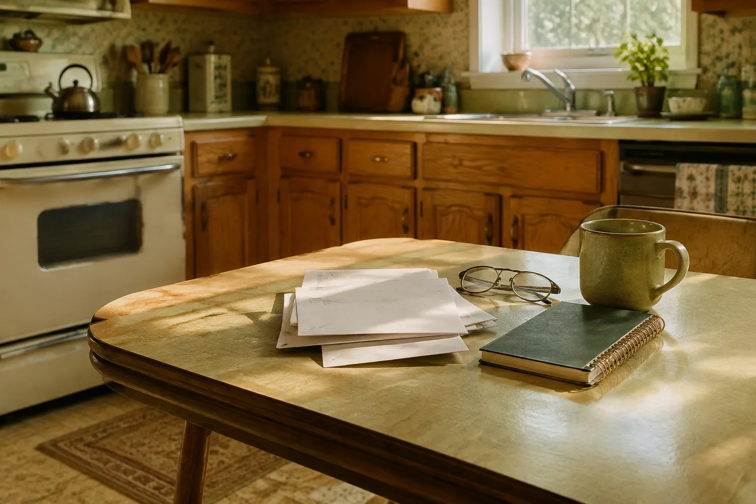 Household papers, reading glasses, and a coffee mug on a modest kitchen table